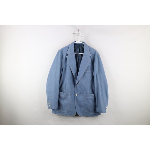 Vintage 70s Streetwear Mens 42R Chambray Denim 2 Button Suit Coat Jacket USA